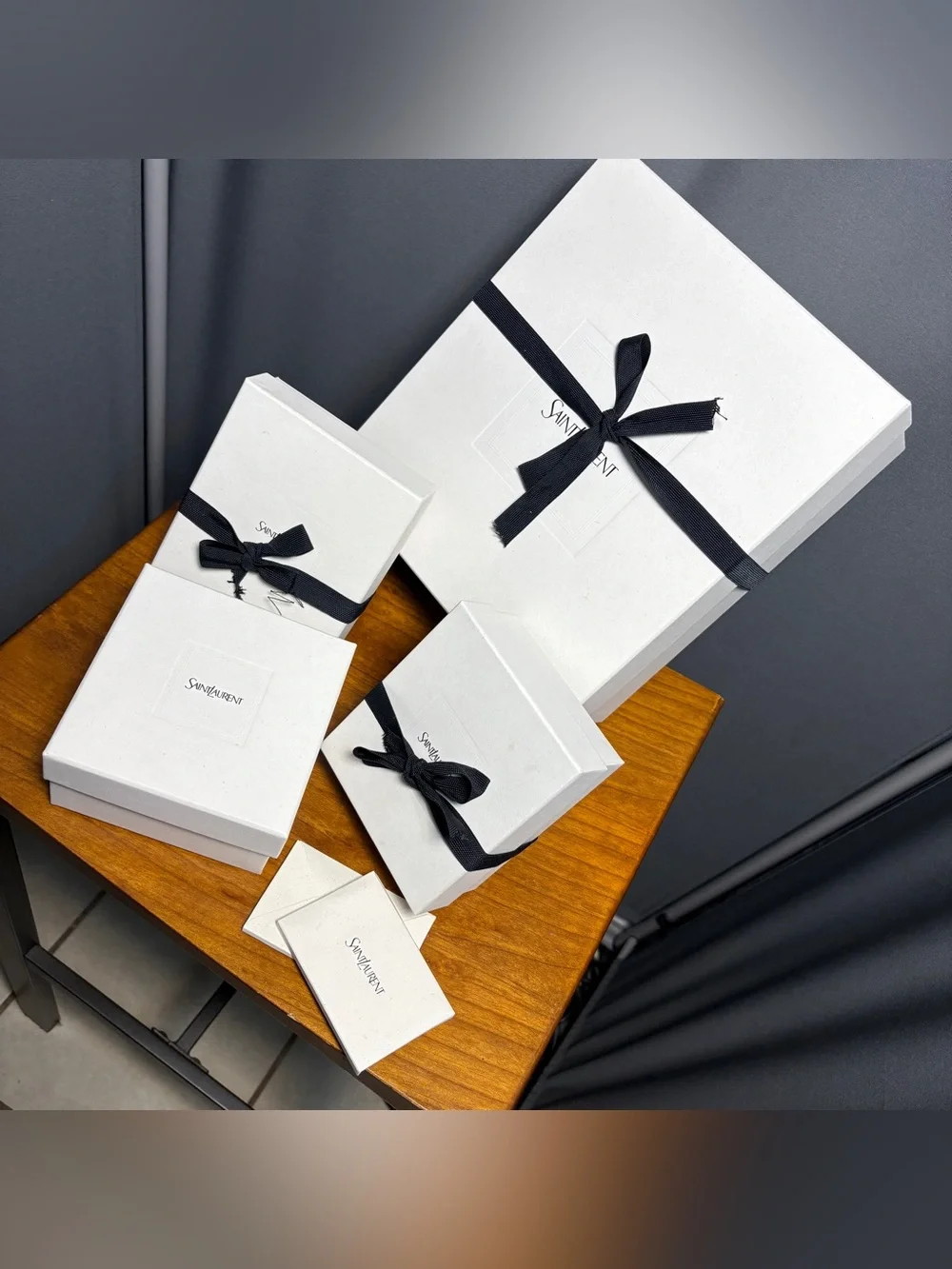 Saint Laurent White Gift Boxes Set with Black Stuffing/Ribbon + 2 Card Holders